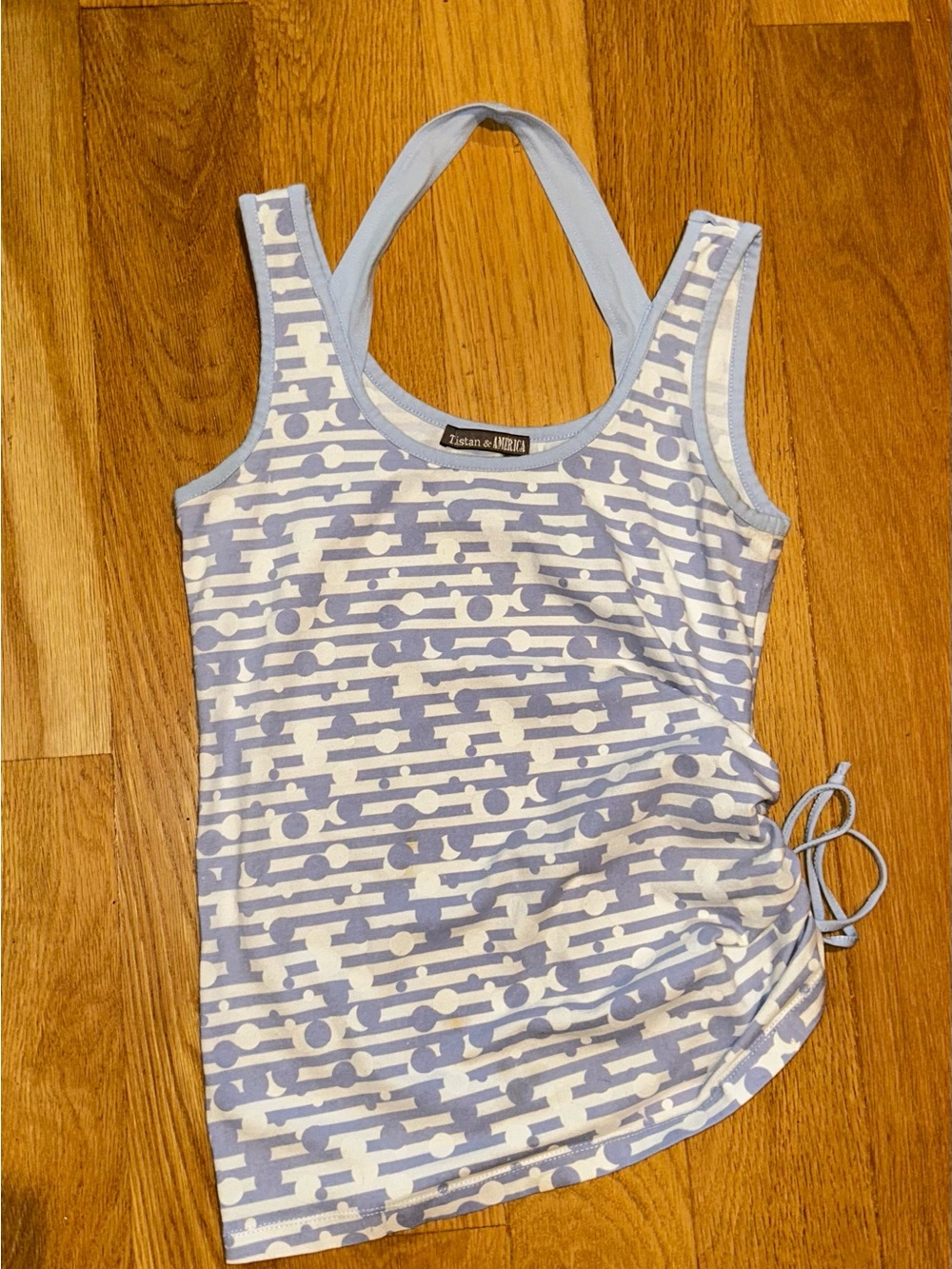 Y2K Light Blue and White Patterned Racerback Tank with built-in halter strap